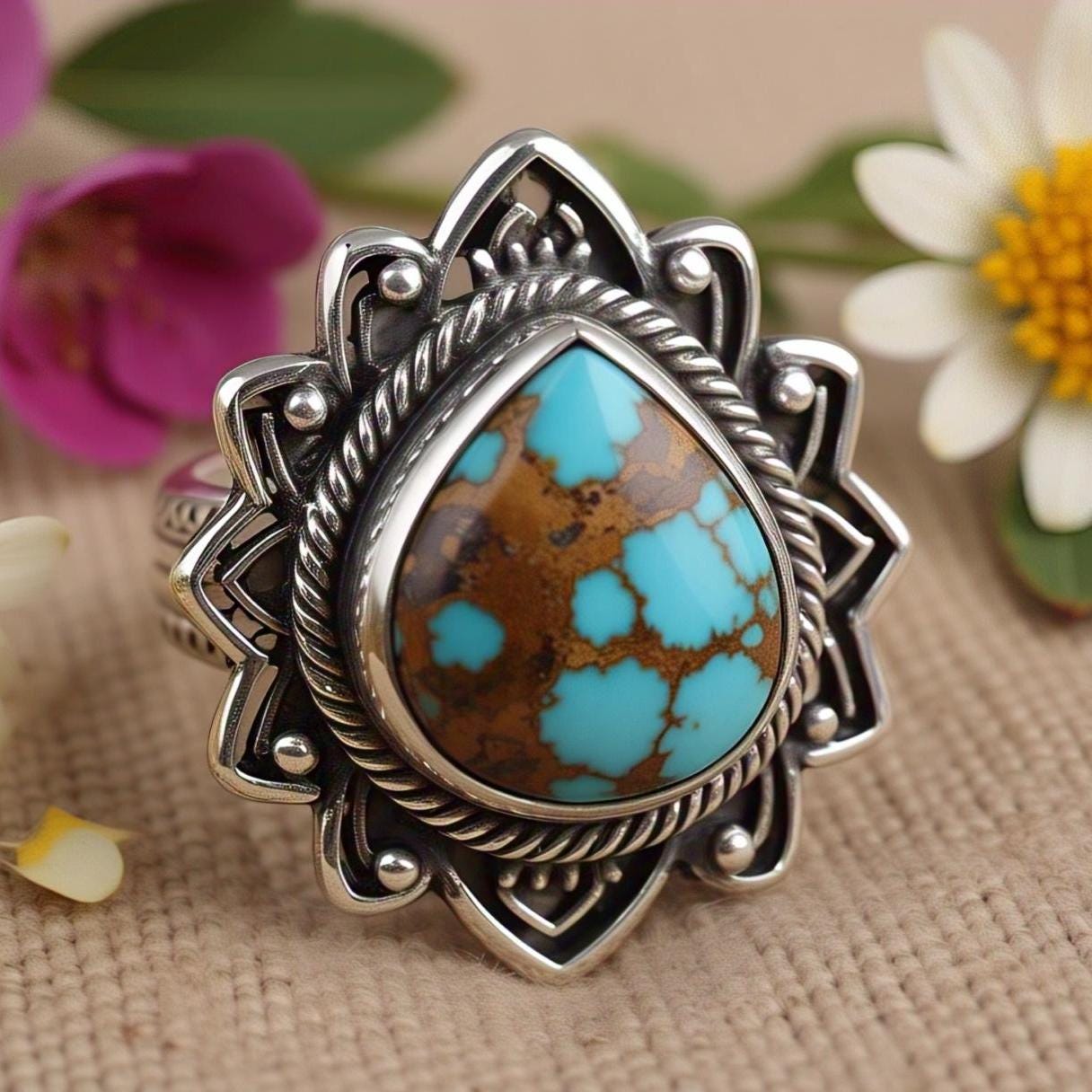 Copper turquoise Rings – Pear Gemstone in 925 Sterling Silver, Boho Natural Vintage-Inspired Bohemian Jewelry, Handmade Gift for Her