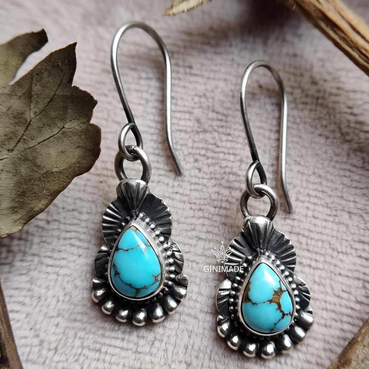 Boho Turquoise Drop Earrings | Handmade Tribal Silver Dangle Earrings | Teardrop Gemstone Oxidized Earrings | Ethnic Indian Jewelry