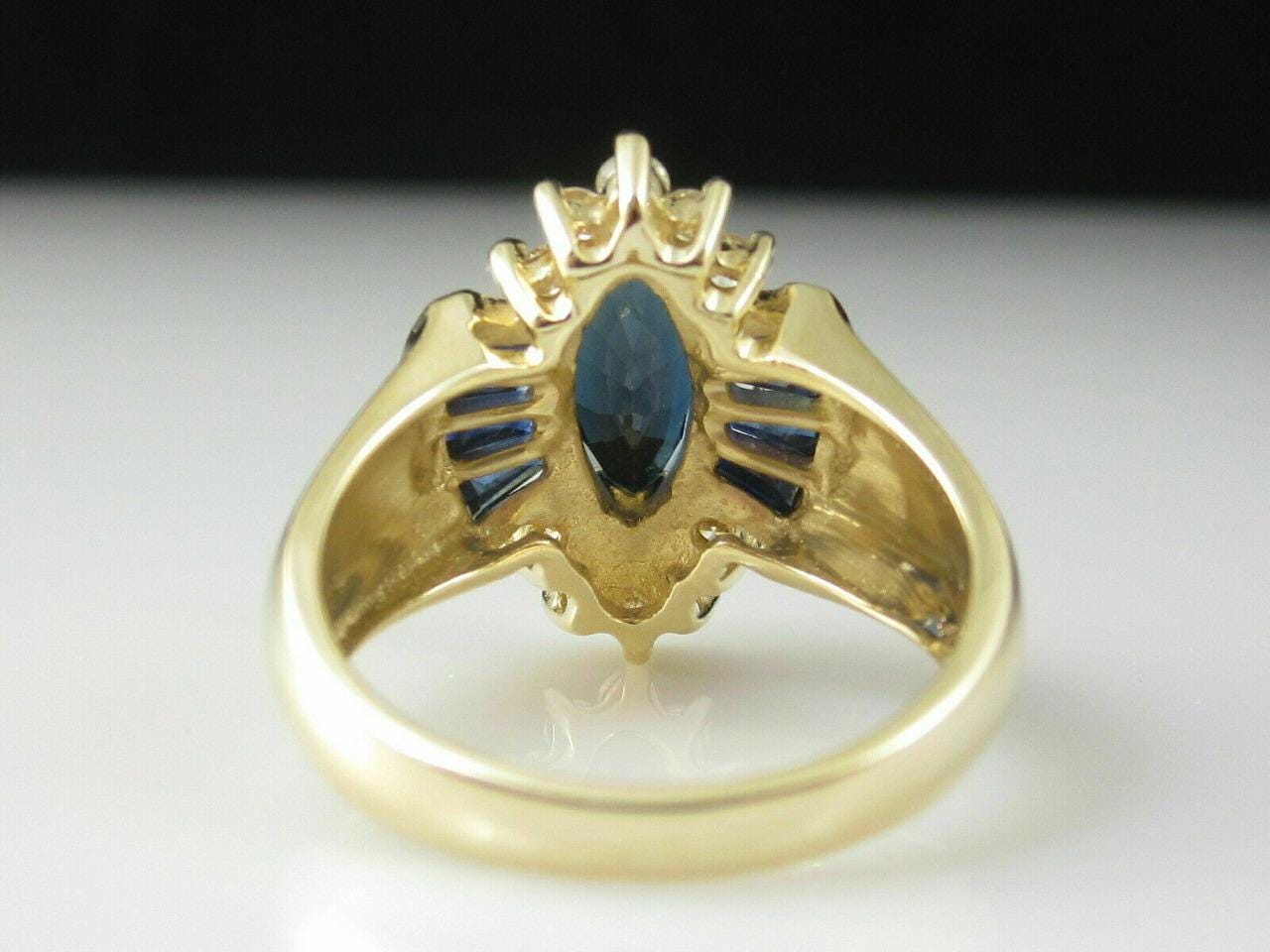 Vintage Simulated Marquise Blue Sapphire with CZ Diamond Ring in 18K Yellow Gold Plated 925 Silver
