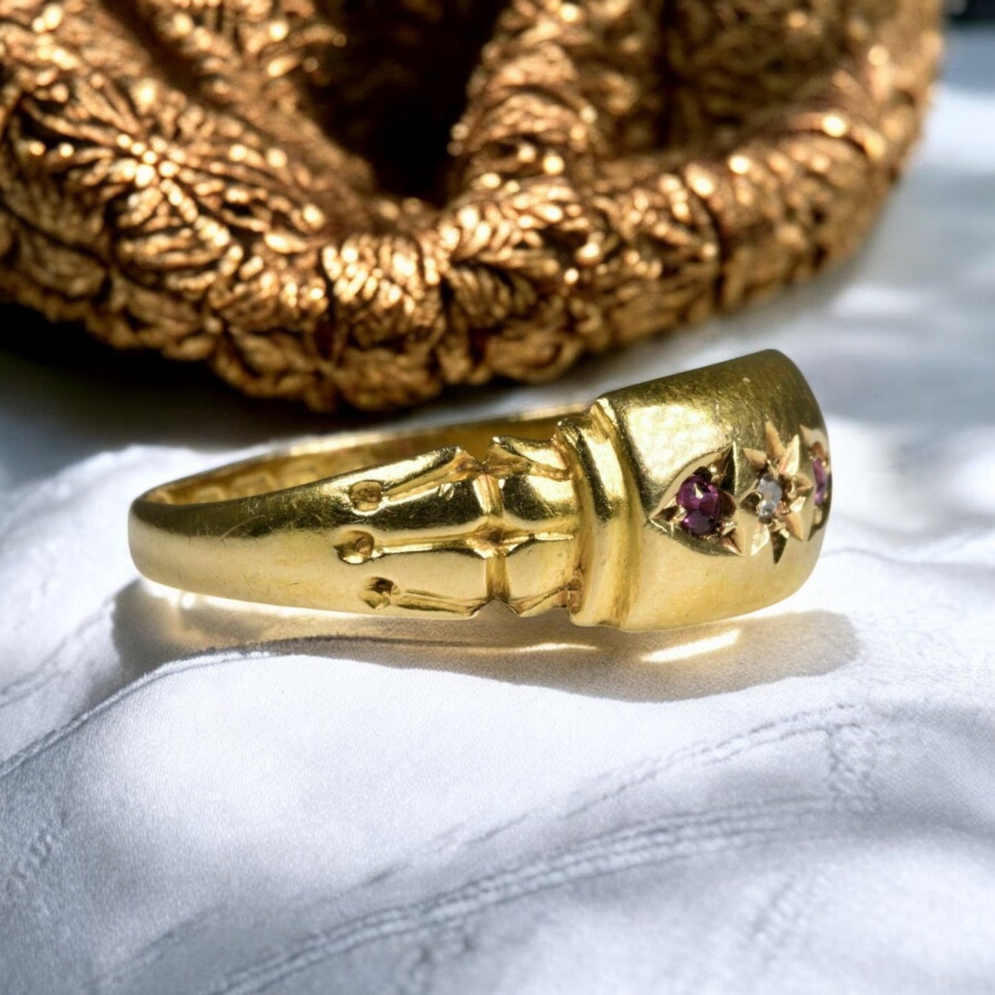 Antique Handmade Rare Find 18k Gold plated 925 Silver Ring with CZ Rubies & Diamond gift for her.