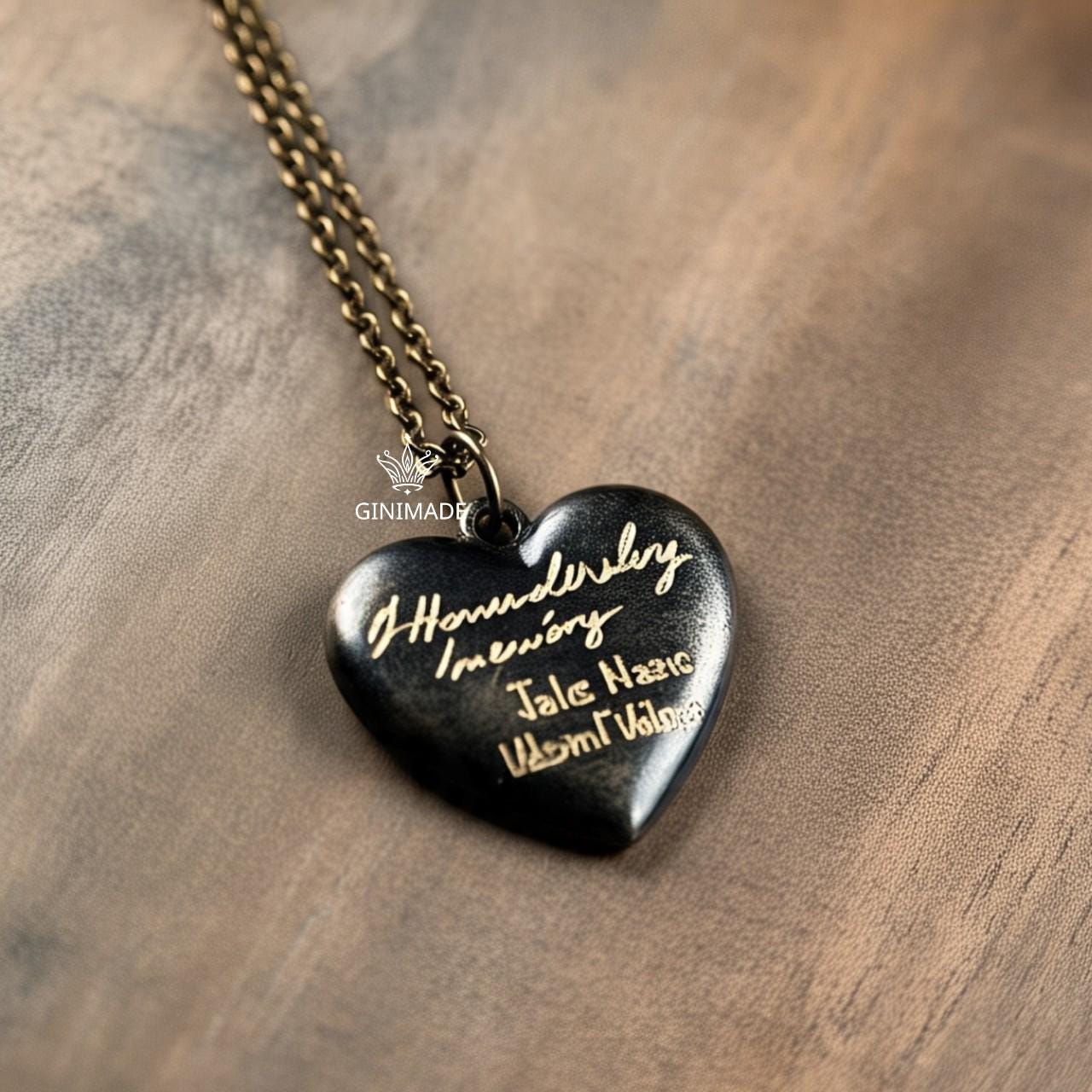 Custom Handwriting Heart Necklace – Black Oxidized Memorial Jewelry, Your Signature Engraved, Brass Heart Pendant –Personalized Couple Gift.
