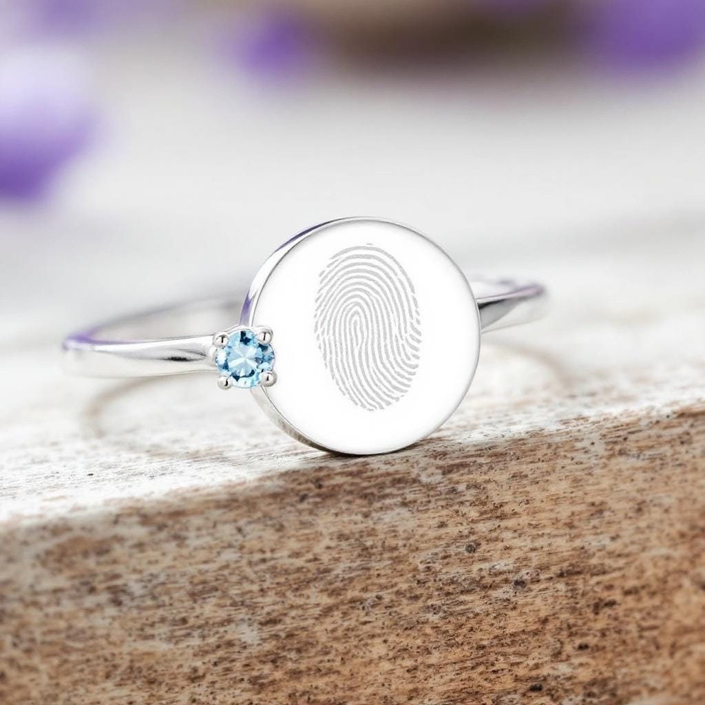 Personalized Fingerprint Ring with Name & Birthstone | Custom Gold Ring for Women | Memorial Jewelry | Engraved Gift for Her