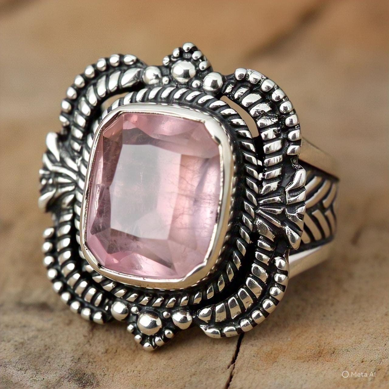 Boho Rose Quartz Ring in 925 Sterling Silver Cushion Cut Gemstone Ring Natural Rose Quartz Jewelry Bohemian Vintage Style Ring Gift for Her