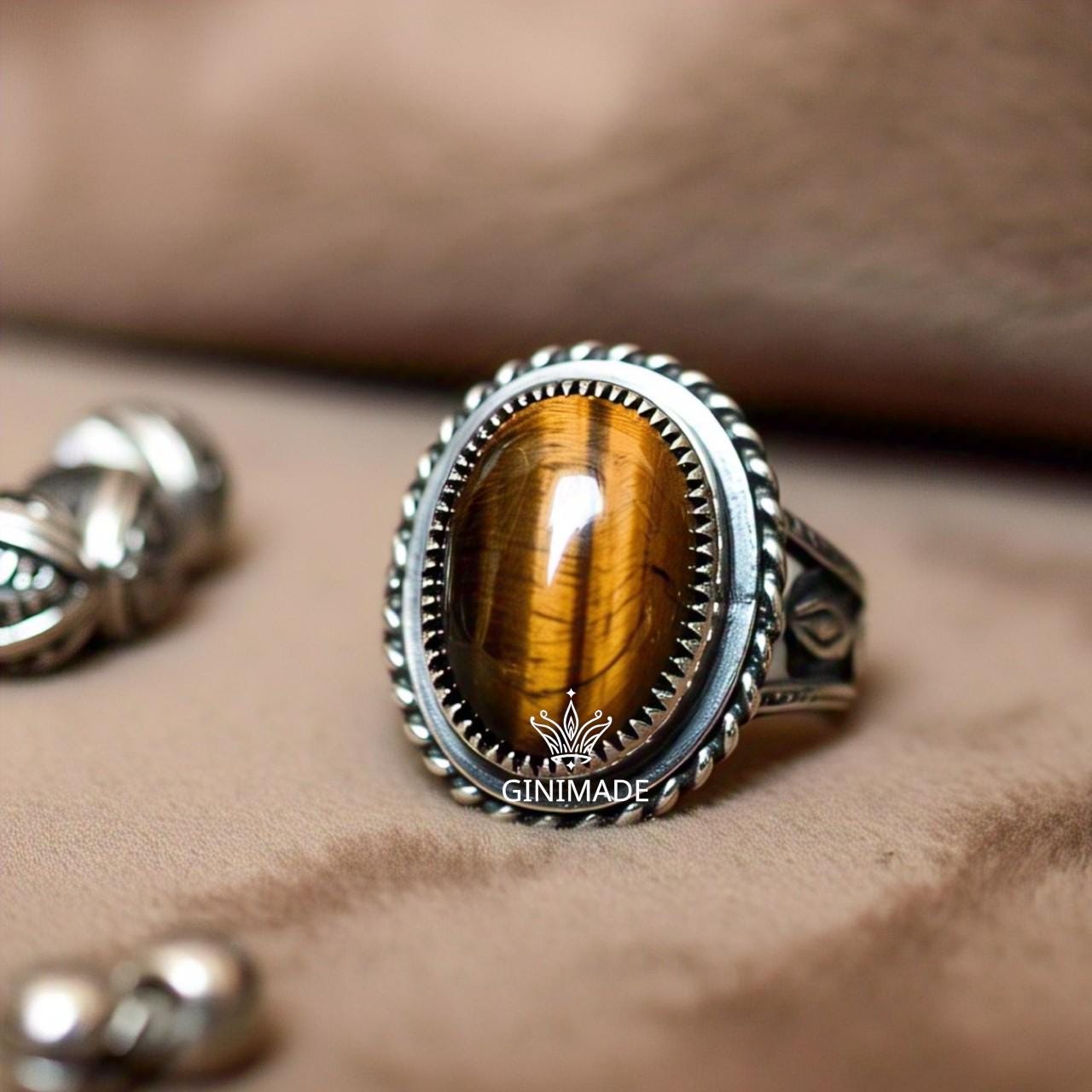 Tiger Eye Ring in Oxidized Sterling Silver – Boho Statement Ring for Men & Women | Vintage Oval Crystal Jewelry.