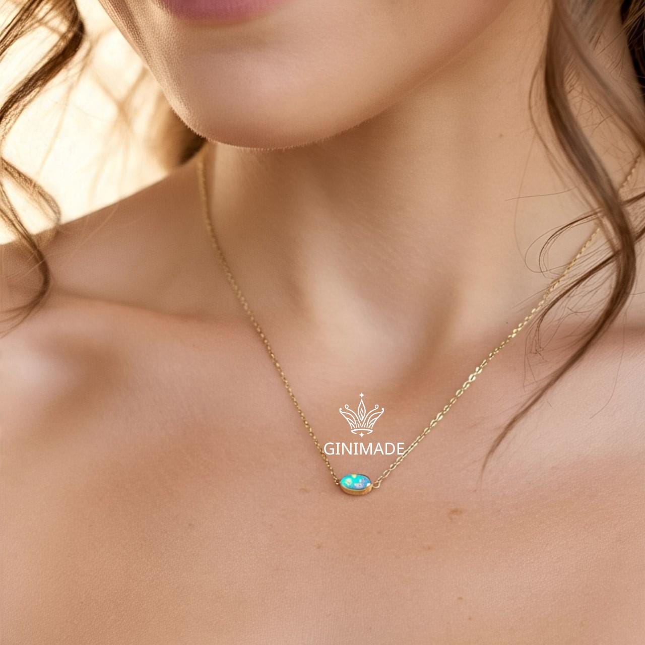 Tiny Opal Gold Necklace – Dainty Oval October Birthstone Pendant | Minimalist Gold Jewelry | Bridesmaid Gift | Birthday Gift for Her