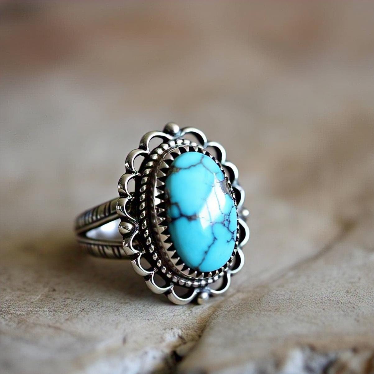 Copper turquoise Rings 925 Sterling Silver – Boho Oval Gemstone Ring with CZ Accents, Vintage Bohemian Jewelry