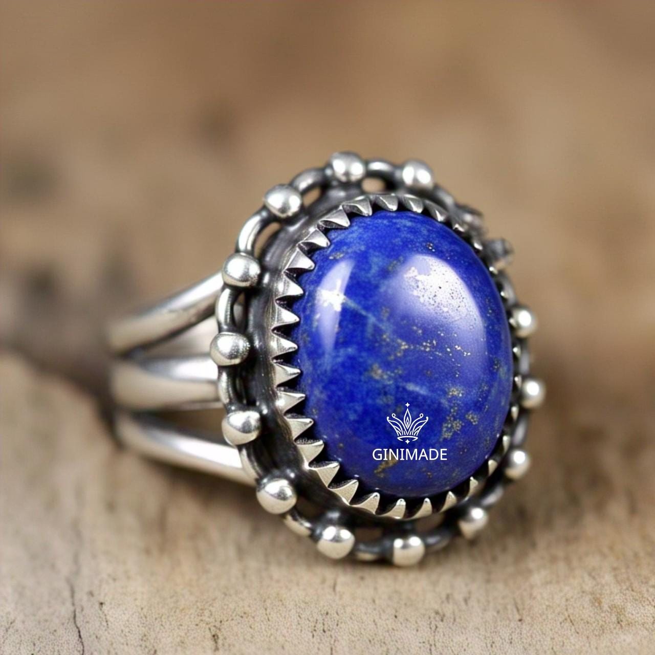 Lapis Lazuli Statement Ring โ Vintage Style Sterling Silver Ring โ Blue Gemstone Ring for Women โ Boho Handmade Jewelry by Ginimade
