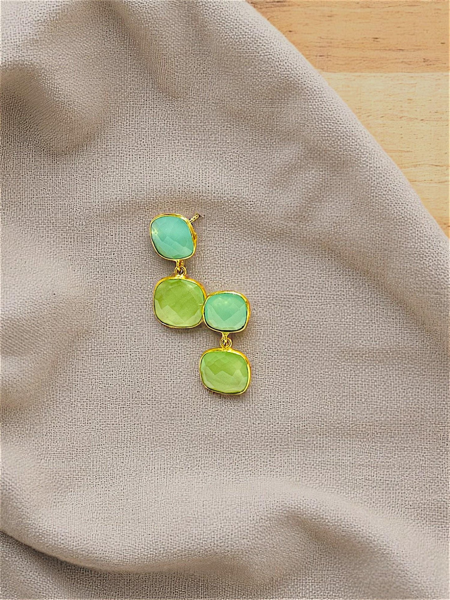 Green Gemstone Stud Earrings – Parrot Green & Aqua Stone Drops in 18k Gold Finish – Elegant Handmade Earrings for Women