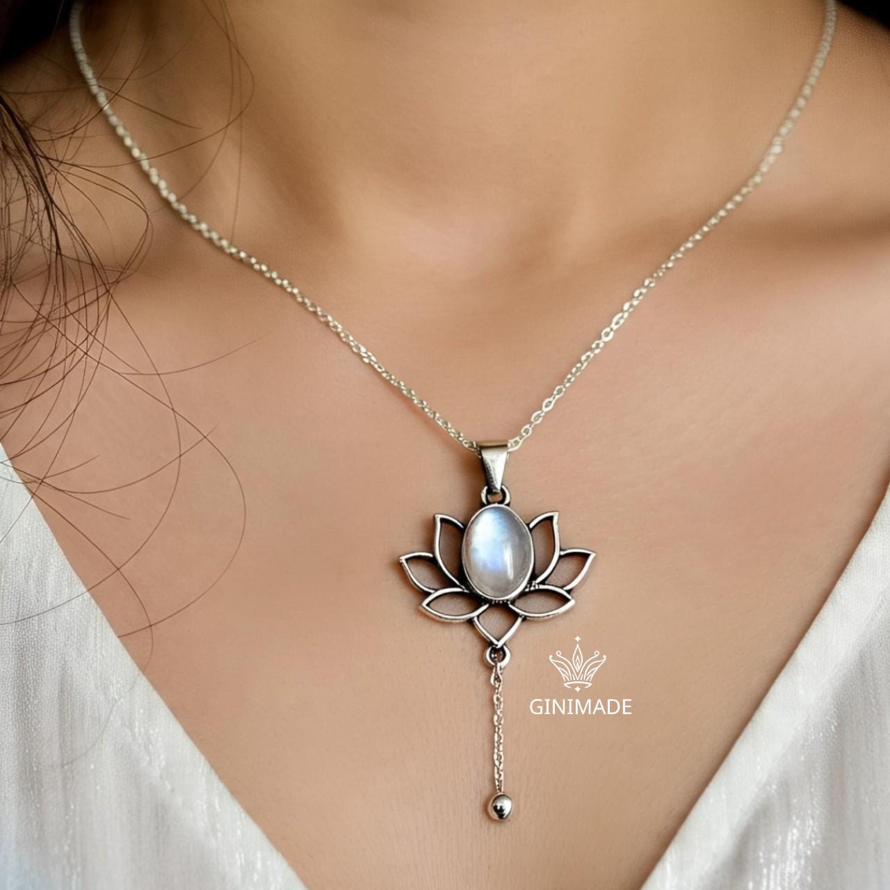 Moonstone Lotus Necklace, Silver or Gold Pendant Necklace, Handmade Jewelry for Women, Dainty Necklace Gift for Her, Spiritual Boho Jewelry
