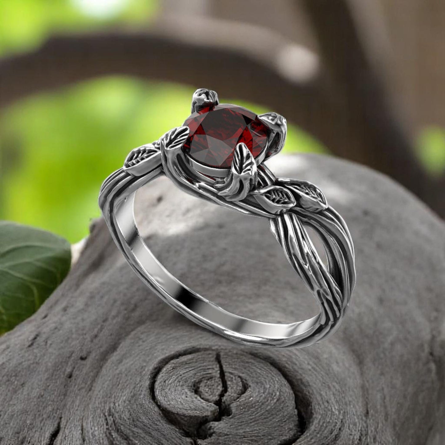 Hessonite Garnet Leaf Ring • 925 Sterling Silver Nature-Inspired Engagement Ring • Boho Woodland Gemstone Jewelry • Gothic Wedding Ring