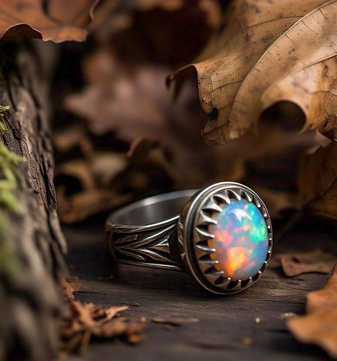 Boho Chic Opal Rings - 925 Sterling Silver, Oval Gemstone, CZ Diamonds
