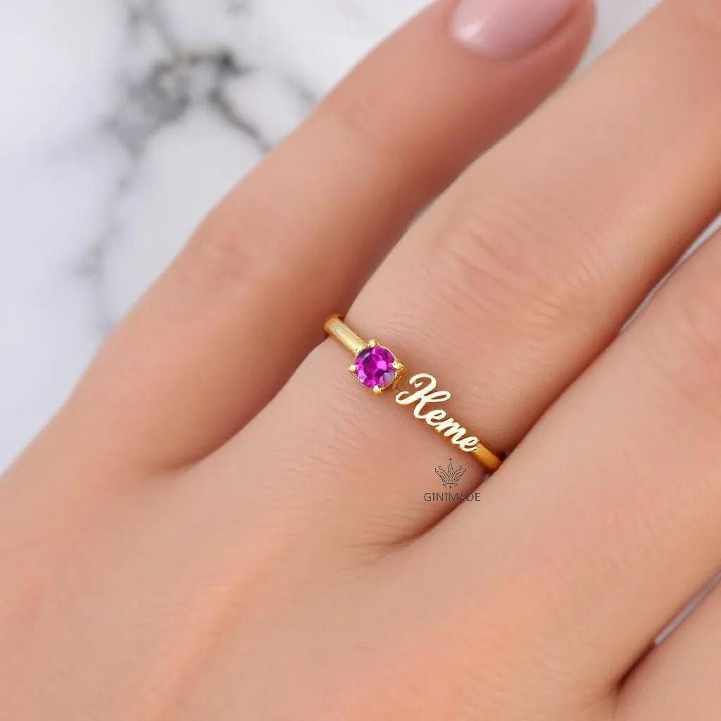 Custom Name Birthstone Ring • CZ Personalized Name Ring • Dainty Stacking Jewelry • Graduation Gift • Gift for Her • Proposal Ring