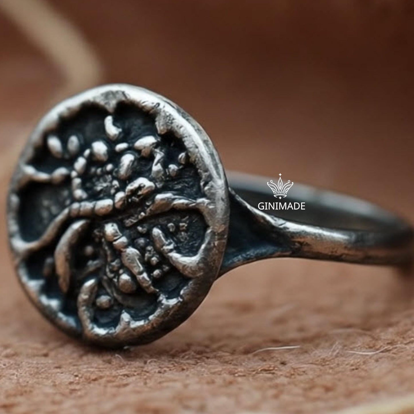 Unique Silver Ring – Handmade Rustic Botanical Ring – One of a Kind Oxidized Flower Ring – Artisan Round Nature Ring by Ginimade