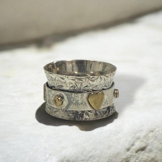 925 Sterling Silver Spinner Ring with Gold Heart – Handmade Textured Meditation Band for Women & Men, Boho Thumb Ring