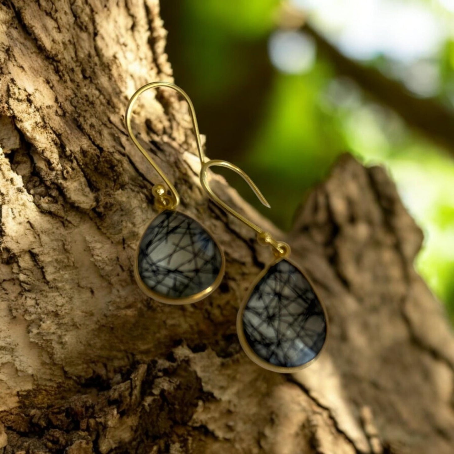 Handmade Rutilated Quartz Earrings – Teardrop Gemstone Dangle Earrings – Gold-Plated Jewelry Gift for Women.