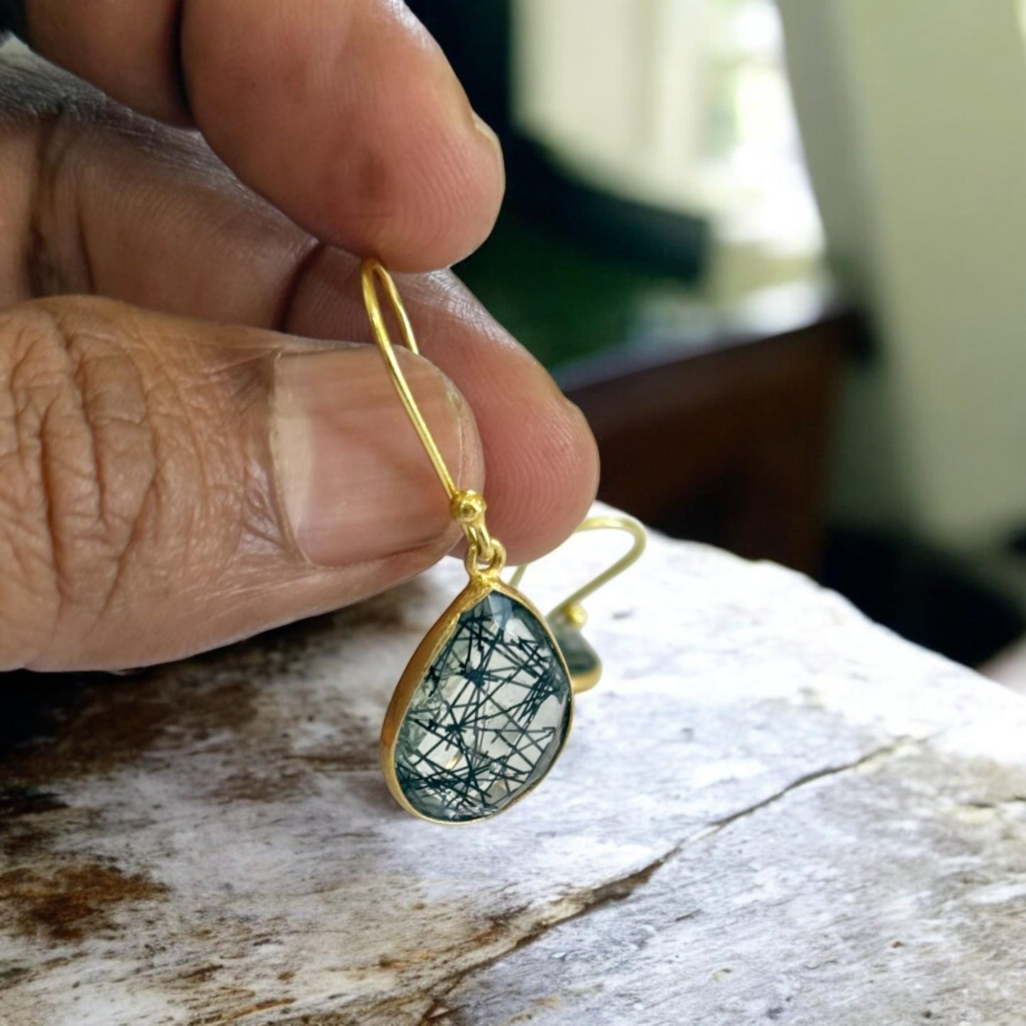 Handmade Rutilated Quartz Earrings – Teardrop Gemstone Dangle Earrings – Gold-Plated Jewelry Gift for Women.