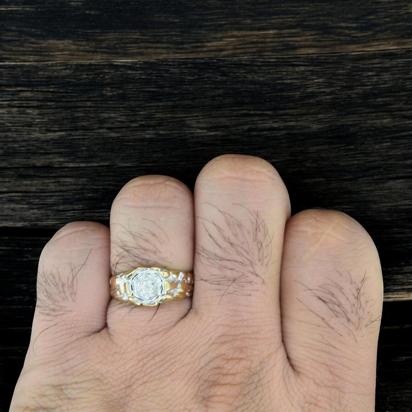 Men’s Nugget Ring in 925 Sterling Silver with CZ Diamonds – Bold Textured Statement Ring, Hip Hop Style Jewelry, Gift for Him