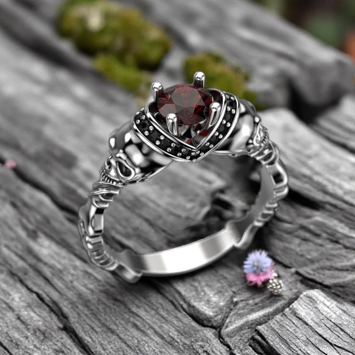 Skull Ring with Hessonite Garnet • 925 Sterling Silver Gothic  Ring • Unique Skull Jewelry for Men & Women • Halloween Wedding Ring