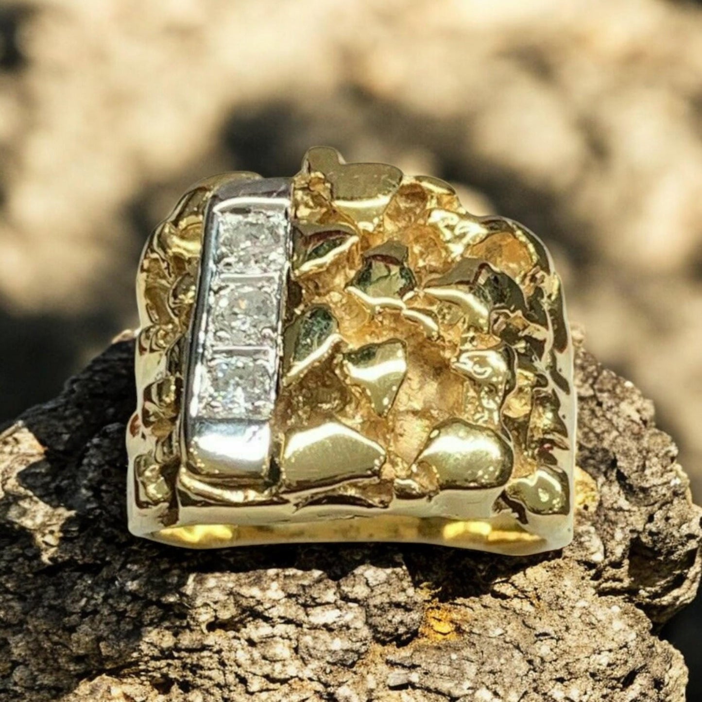 Personalized Nugget Ring – 925 Sterling Silver Statement Ring – Textured Gold & Silver Band – Unique Men’s Jewelry – fathers day gift