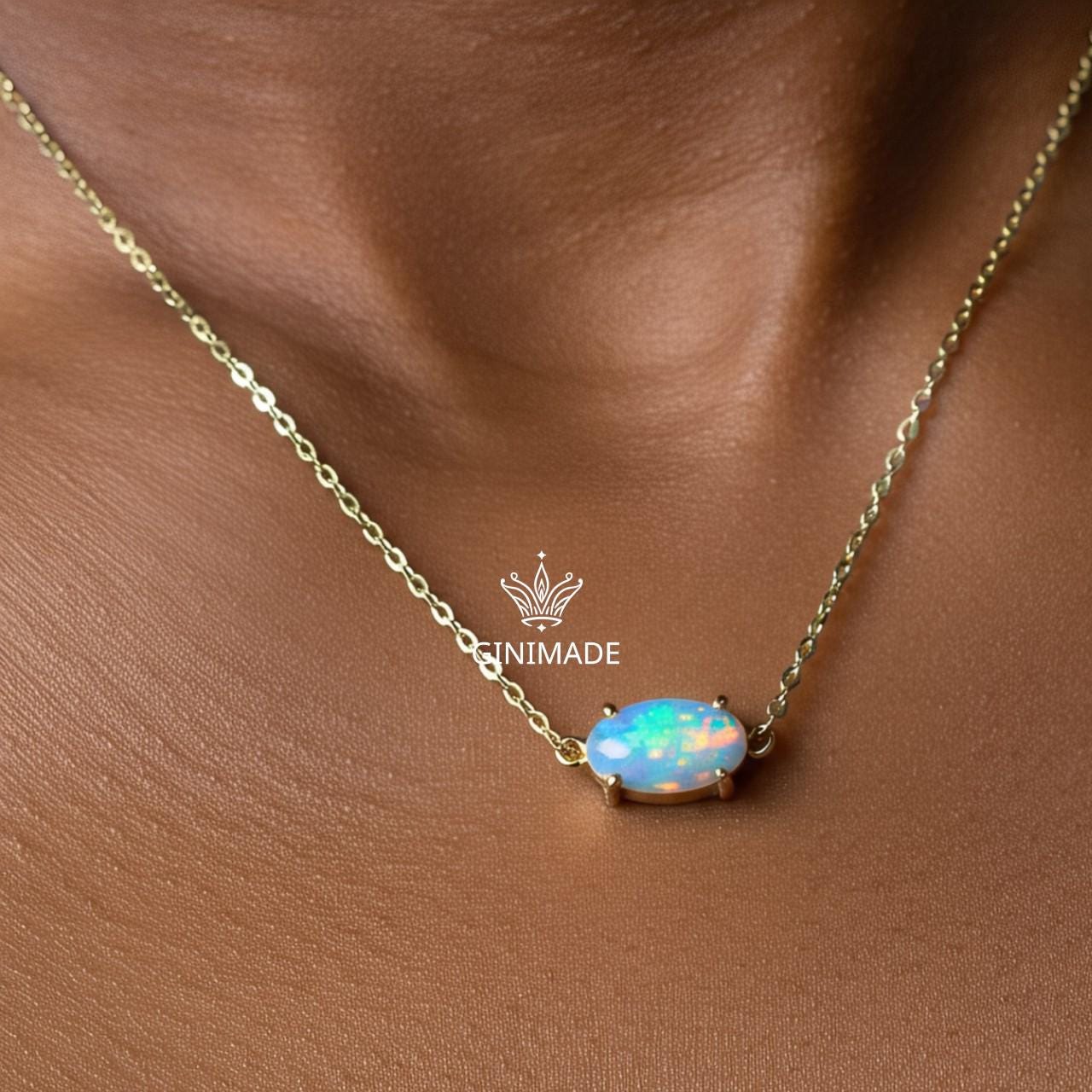 Tiny Opal Gold Necklace – Dainty Oval October Birthstone Pendant | Minimalist Gold Jewelry | Bridesmaid Gift | Birthday Gift for Her
