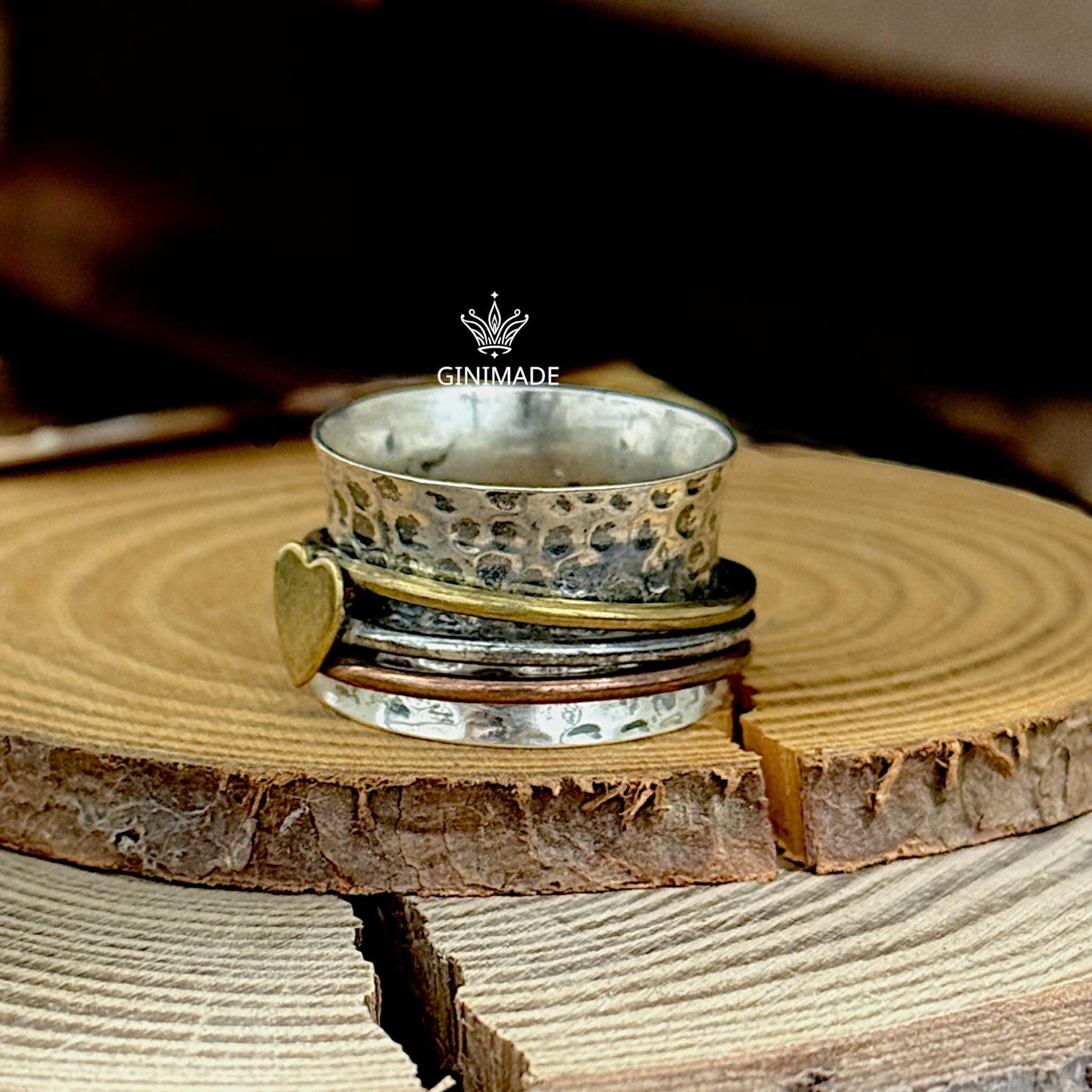 Heart Spinner Ring | Sterling Silver Mixed Metal Fidget Ring Handmade Wide Band Boho Ring | Brass Copper Accent | GINIMADE