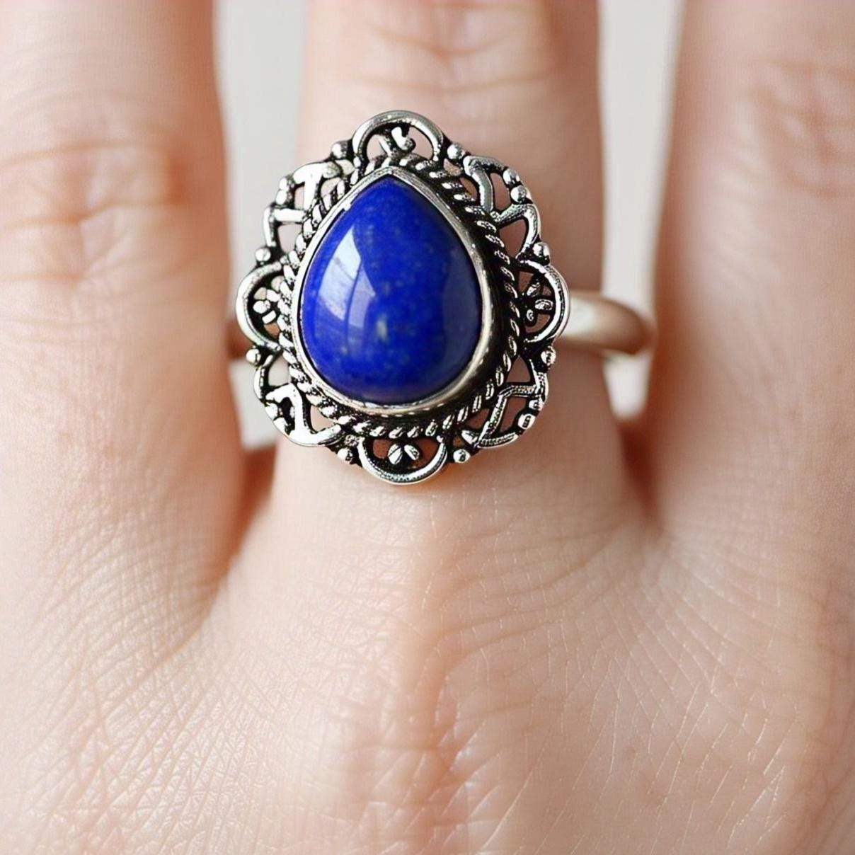 Lapis Lazuli Ring – Pear Gemstone in 925 Sterling Silver, Boho Natural Vintage-Inspired Bohemian Jewelry, Handmade Statement Gift for Her