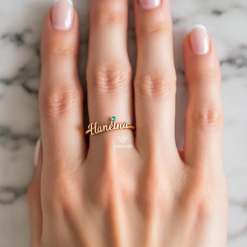 Custom Name Birthstone Ring • CZ Personalized Name Ring • Dainty Stacking Jewelry • Graduation Gift • Gift for Her • Proposal Ring