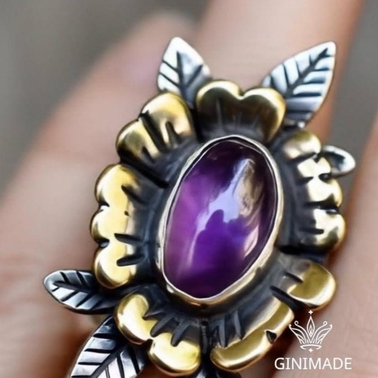 Amethyst Statement Ring – Boho Floral two tone Leaf Design – Handmade Silver Nature Jewelry