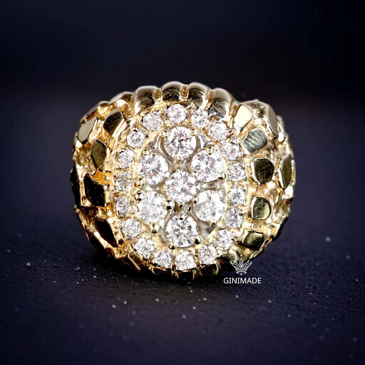 Gold Nugget CZ Ring – Oval Cluster Statement Ring for Men – 18K Gold Plated Hip Hop Bling Ring – Vintage Style Iced Out Ring by Ginimade
