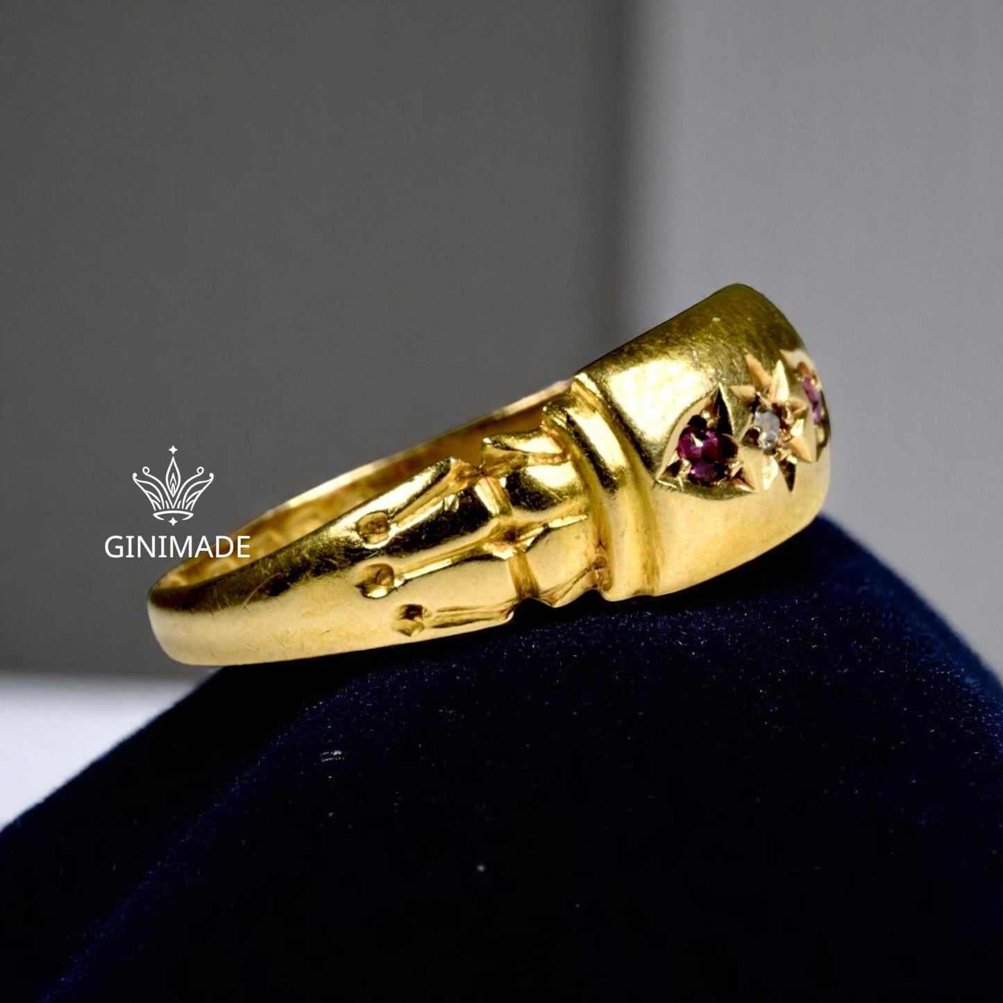 Vintage Gold CZ Diamond & Ruby Ring | Victorian Starburst Ring | Antique Style Pink Gemstone Ring | Bold Statement Jewelry for Her