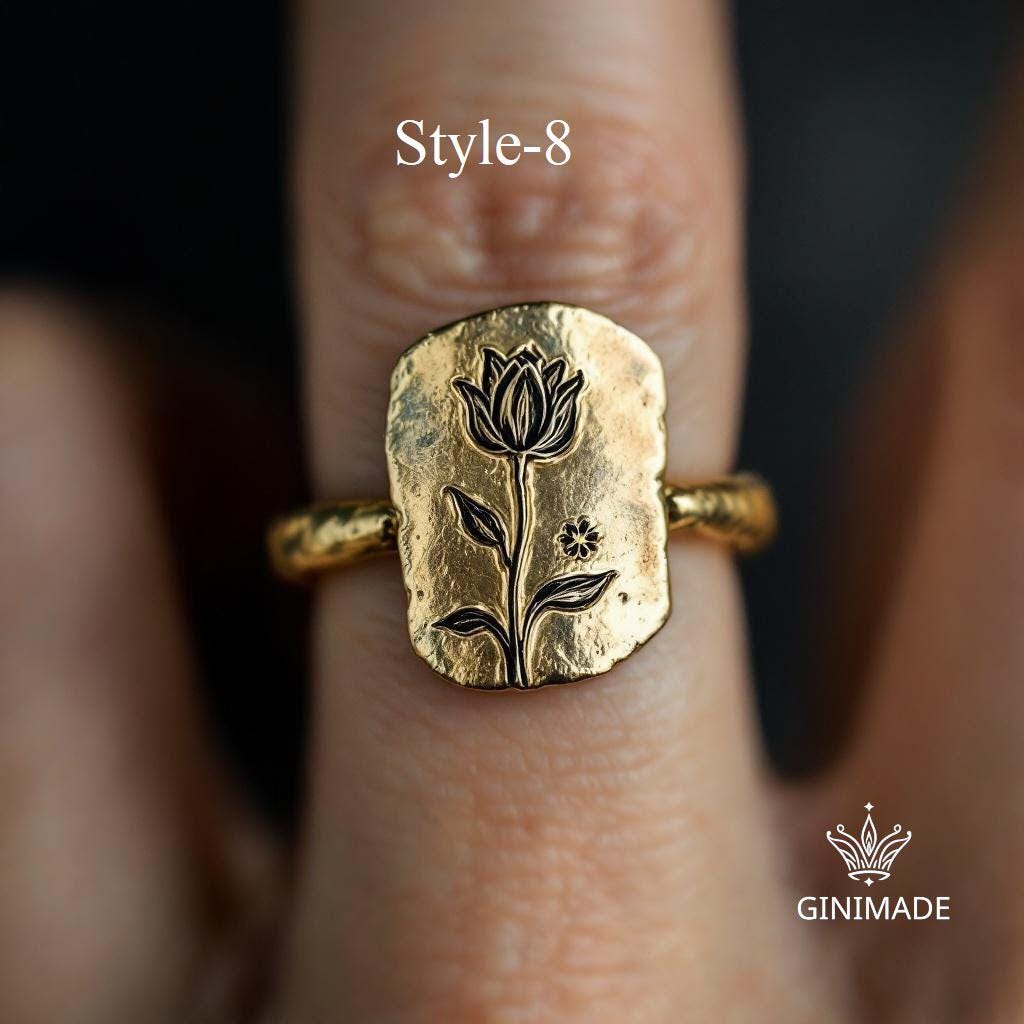 Customized  Birth Flower Ring •  Handmade Family Birth Month Bouquet Ring • Unisex Engraved Floral Ring. Unique Gift.