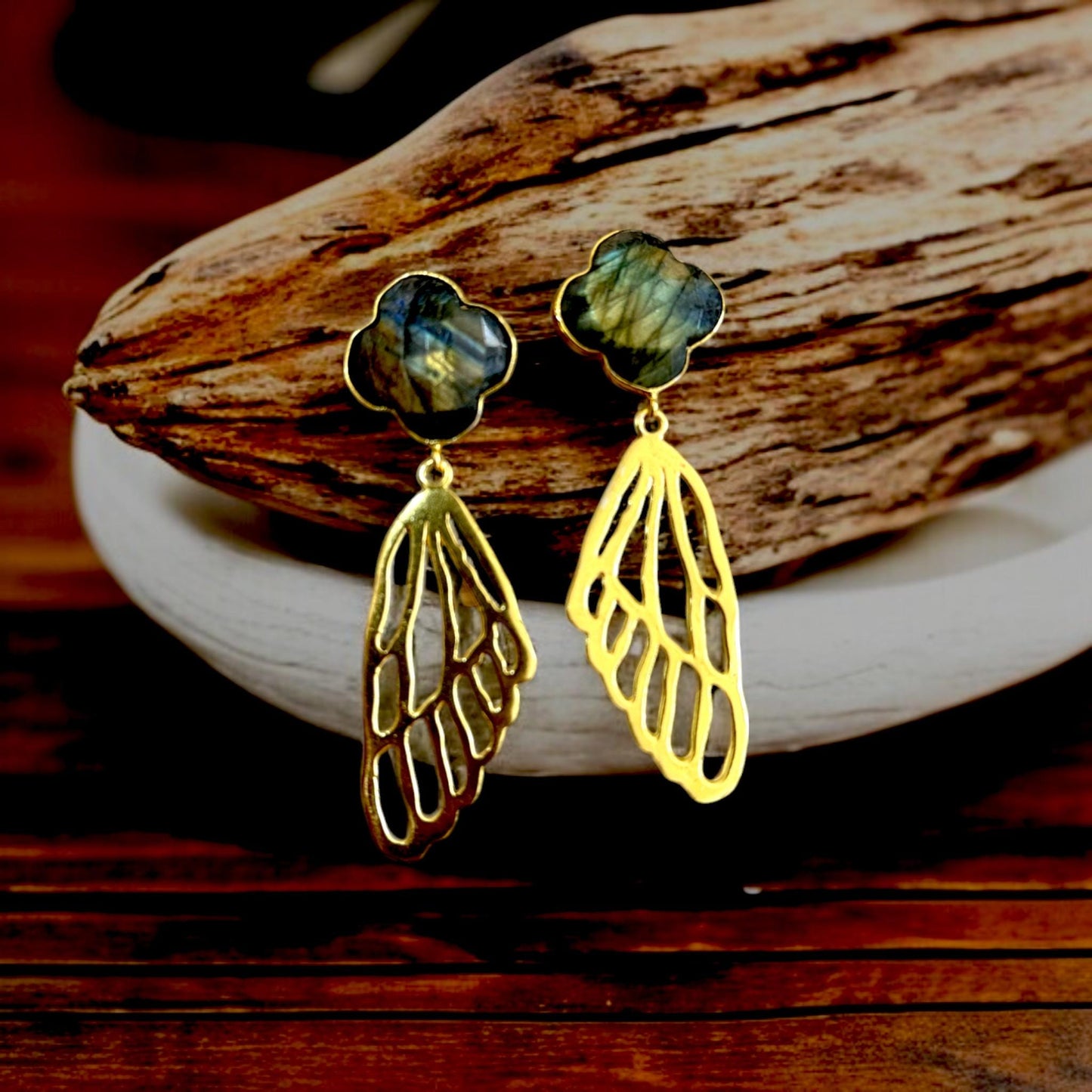 Labradorite Brass Butterfly Wing Earrings – Handmade Gold Plated Statement Dangle Earrings – Nature Inspired Boho Jewelry Gift for Her.