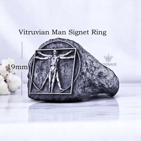 Vitruvian Man Signet Ring | 925 Sterling Silver Men's Ring | Da Vinci Inspired Renaissance Jewelry | Handmade Gift for Him.