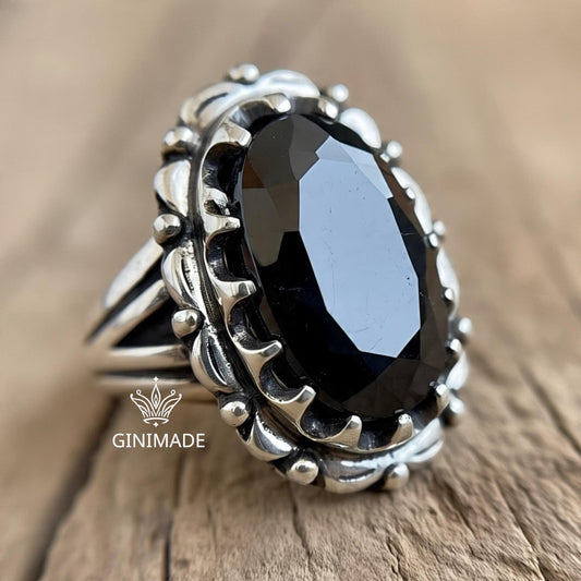 Handmade Onyx Ring in 925 Silver • Bold Gemstone Ring • Silver Boho Ring • Black Onyx Ring for Him • Gift Jewelry