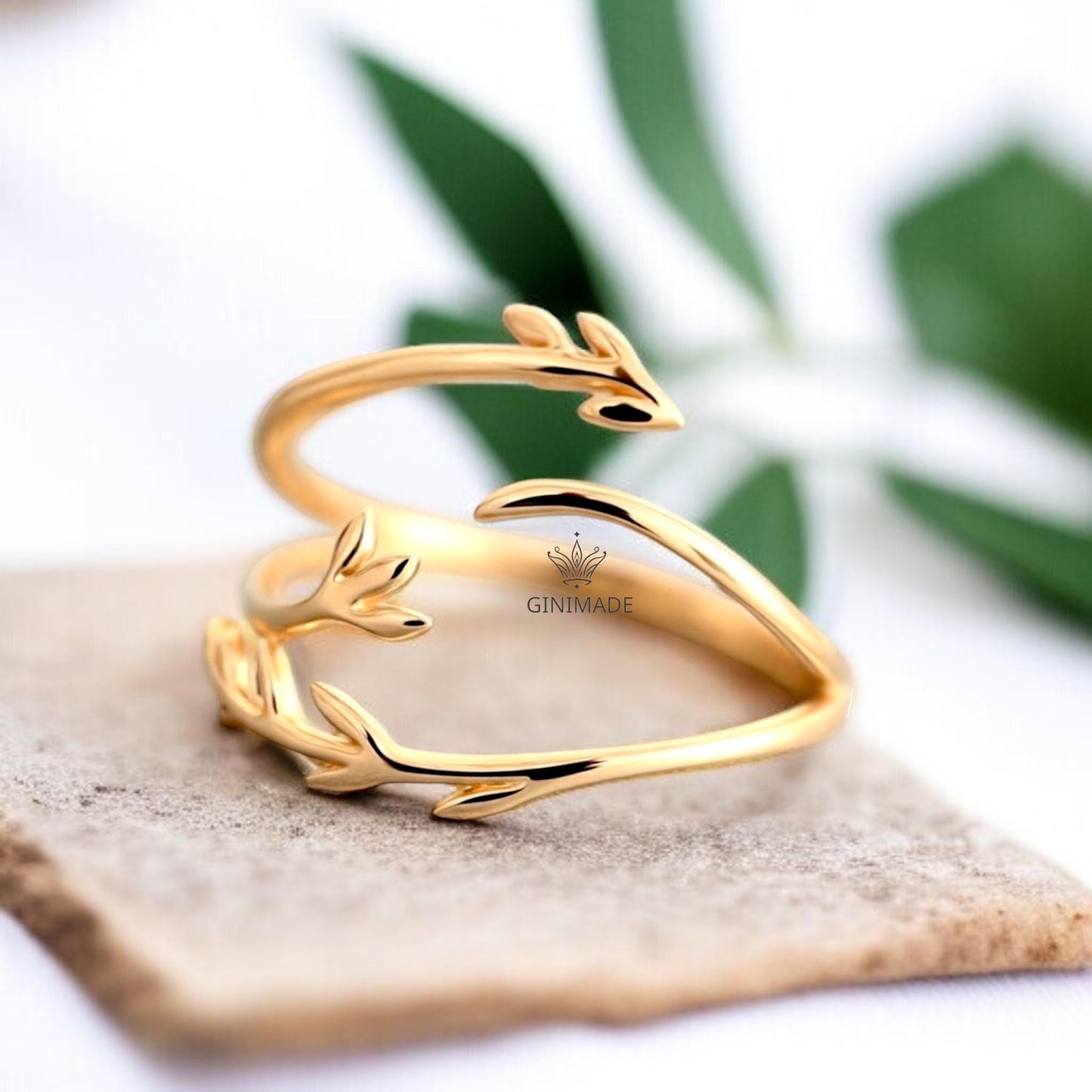 Adjustable Gold Leaf Wrap Ring | Nature Inspired Open Ring for Women | Dainty Botanical Jewelry | Minimalist Forest Ring Gift