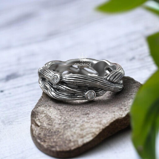 Boho Nature-Inspired Branch Ring – Sterling Silver Tree Bark Band with Diamonds – Organic Woodland Engagement or Promise Ring