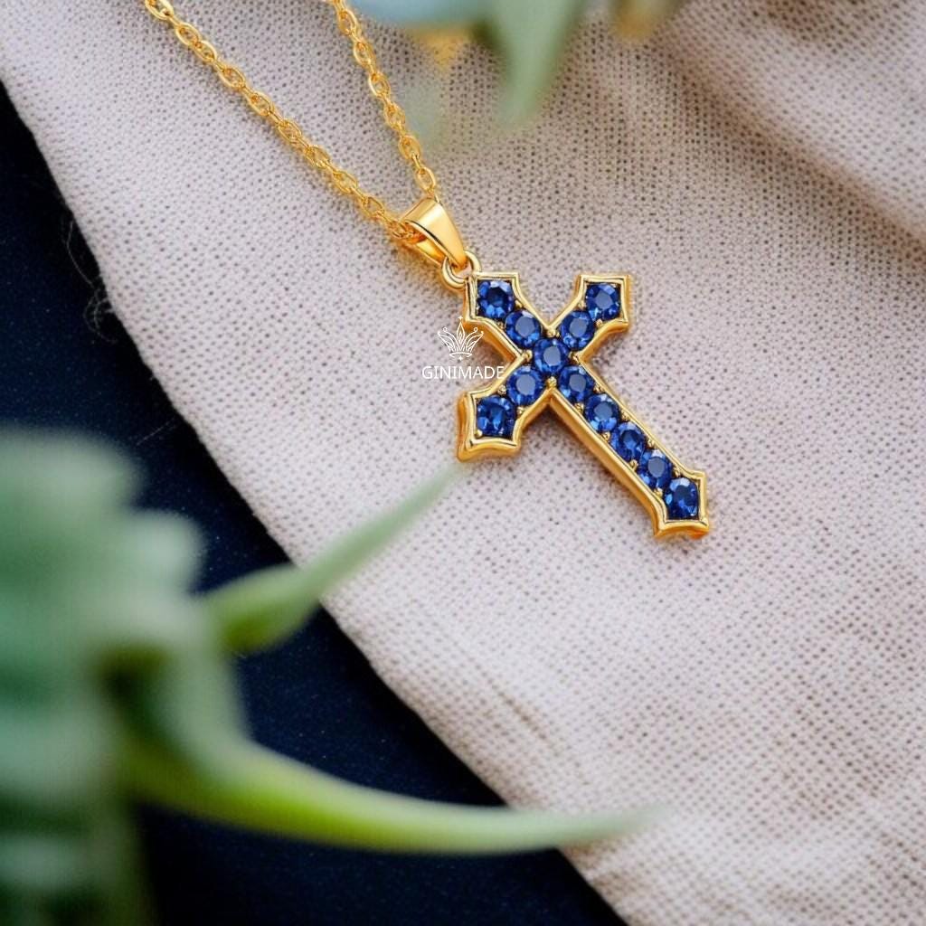Gold Cross Necklace with Blue CZ – Gothic Christian Pendant – Blue Stone Faith Jewelry – Religious Gift for Him or Her