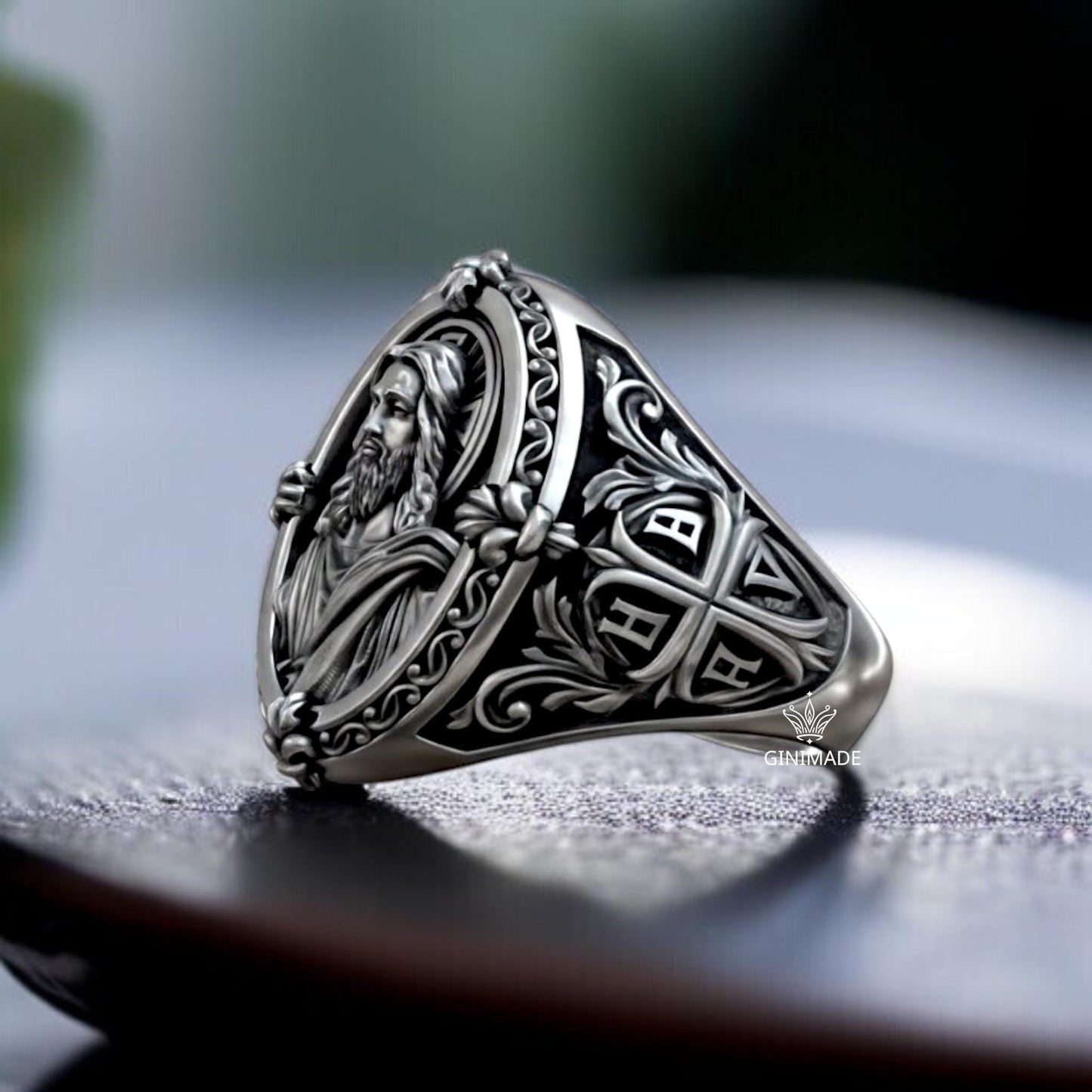 Personalized Jesus Christ Signet Ring | Sterling Silver Religious Ring for Men | Christian IHSV Cross Engraved Ring | Faith Gift for Him