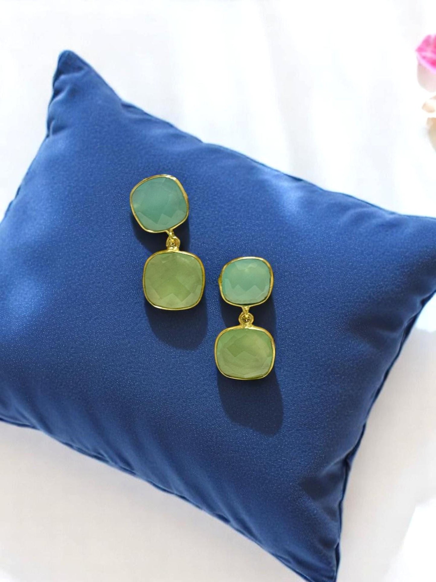 Green Gemstone Stud Earrings – Parrot Green & Aqua Stone Drops in 18k Gold Finish – Elegant Handmade Earrings for Women