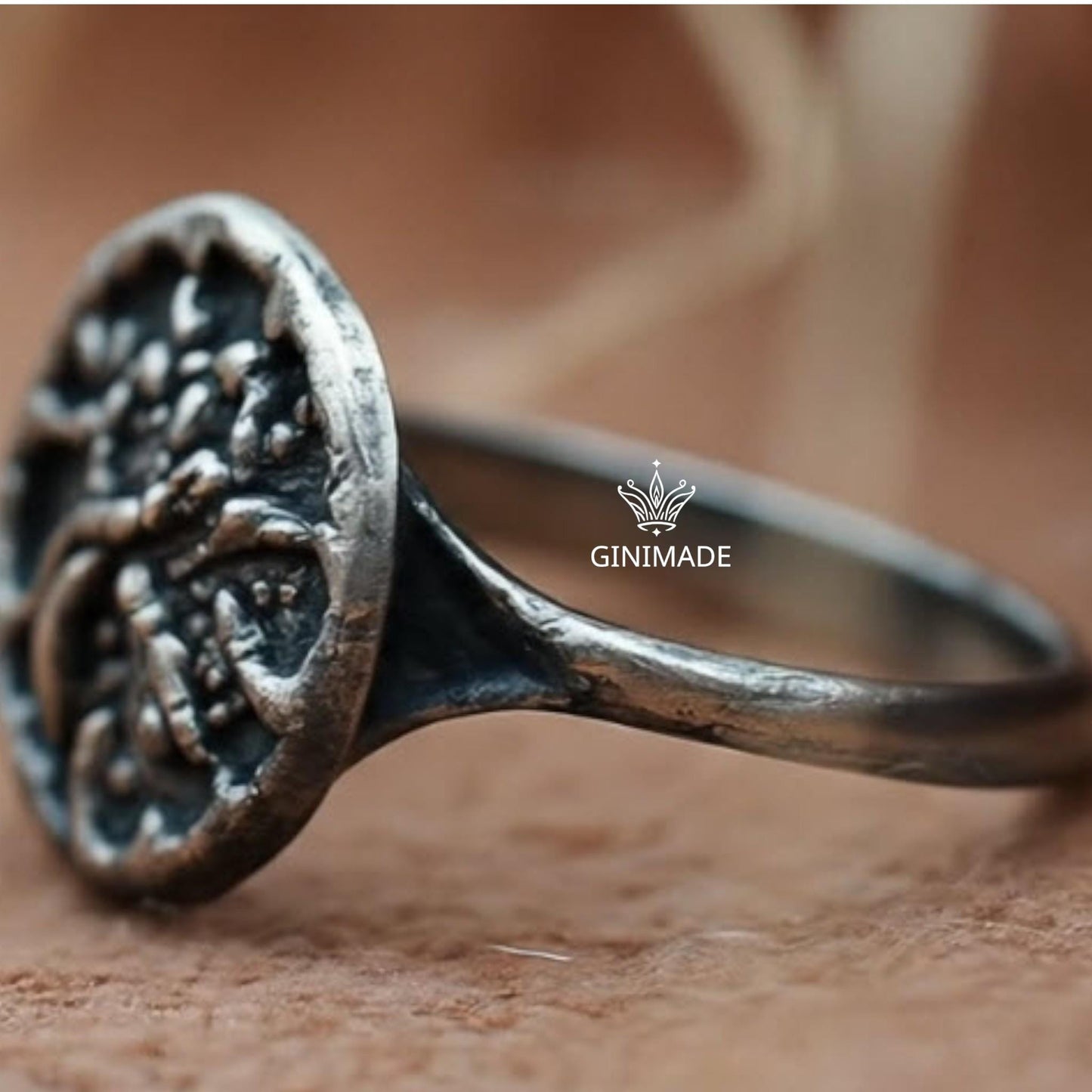 Unique Silver Ring – Handmade Rustic Botanical Ring – One of a Kind Oxidized Flower Ring – Artisan Round Nature Ring by Ginimade