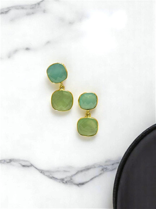 Green Gemstone Stud Earrings – Parrot Green & Aqua Stone Drops in 18k Gold Finish – Elegant Handmade Earrings for Women