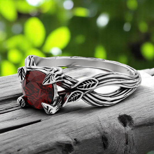 Hessonite Garnet Leaf Ring • 925 Sterling Silver Nature-Inspired Engagement Ring • Boho Woodland Gemstone Jewelry • Gothic Wedding Ring