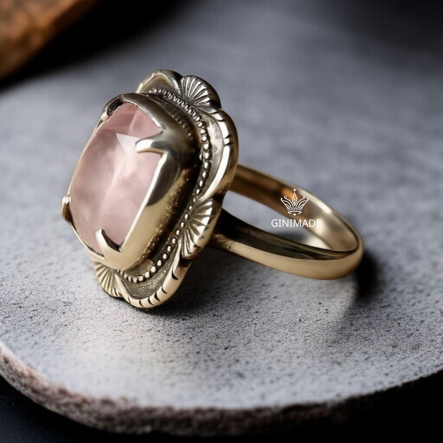 925 Sterling Silver Rose Quartz Ring • Boho Cushion Cut Pink Gem, Gift for Her