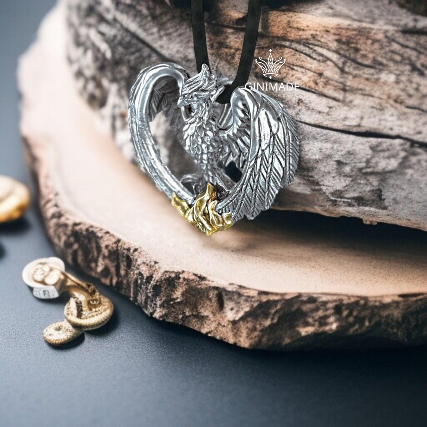 Phoenix Rising Pendant Necklace | Sterling Silver Phoenix with Golden Flames | Rebirth & Strength Jewelry | Gift for Him and her | GiniMade