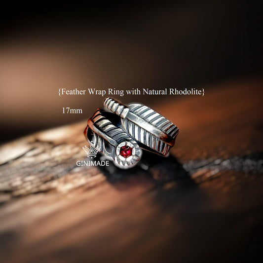 Feather Wrap Ring with Natural Rhodolite | 925 Sterling Silver Boho Ring | Adjustable Bird Feather Ring | Gift for Her | Handmade Jewelry.