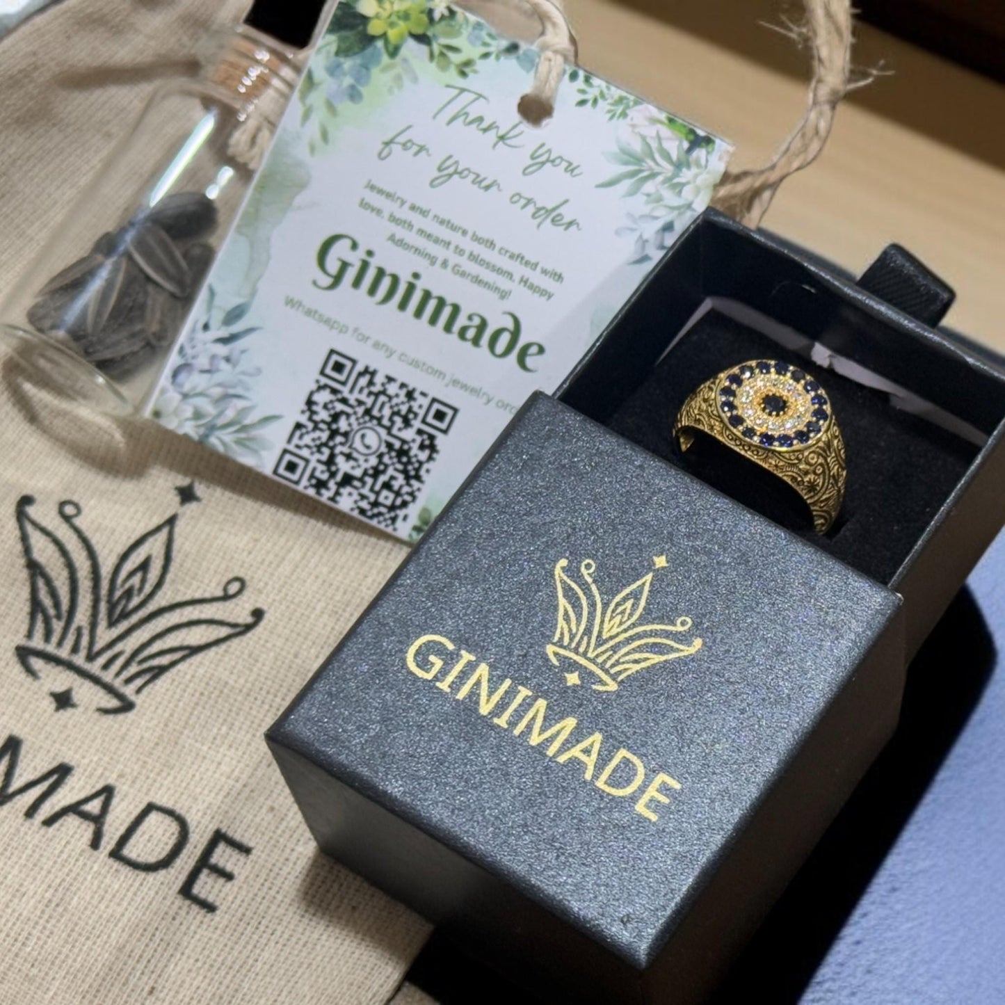 Gold Signet Ring • Vintage Engraved Ring • Blue & White CZ Halo • Statement Ring for Him or Her ||Custom Heirloom Jewelry