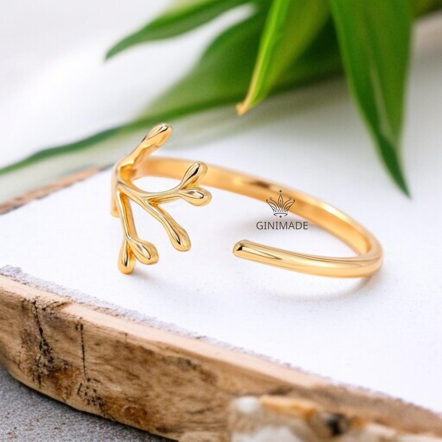 Adjustable Gold Leaf Branch Ring | Dainty Nature Inspired Ring for Women | Minimalist Botanical Jewelry Gift | Gold Plated Twig Ring