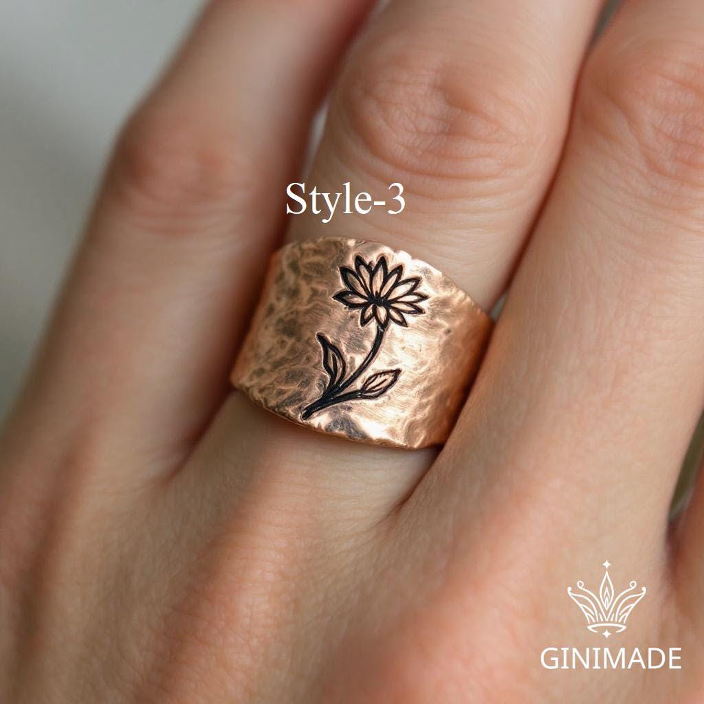 Personalized Birth Flower Ring •  Handmade Family Birth Month Bouquet Ring • Engraved Floral Ring for Mom, Grandma, or Her