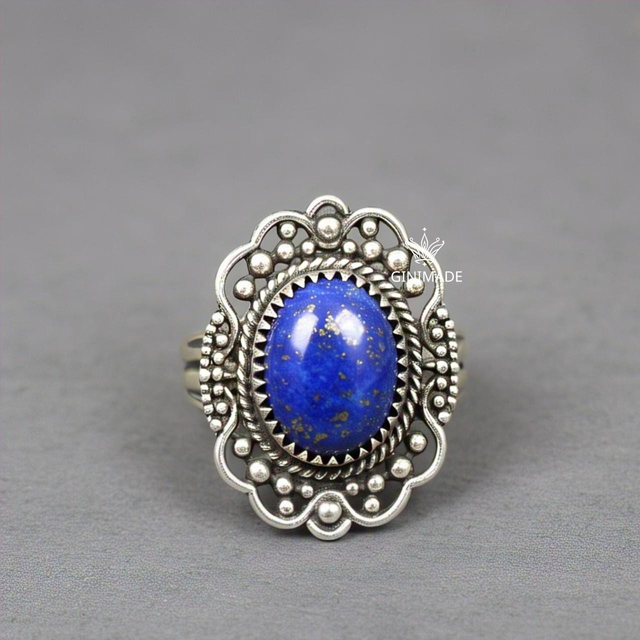 Handmade 925 Sterling Silver Lapis Lazuli Ring | Boho Vintage Statement Gemstone Jewelry | Blue Stone Tribal Ring