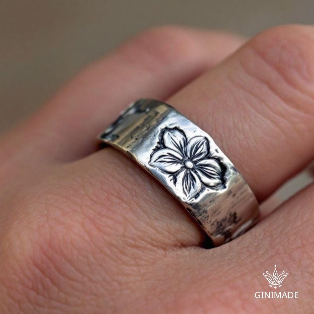 Custom Birth Flower Engraved Ring • Personalized Gold 8mm Wide Band Ring • Floral Birth Month Ring for Men and Women • Handmade Jewelry.